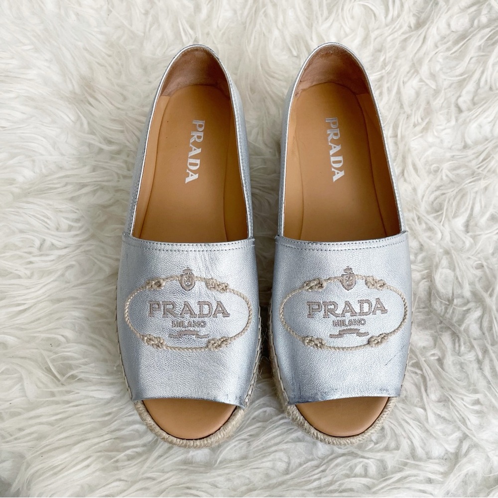 Prada Platform Open Toe Espadrille Silver Leather… - image 2